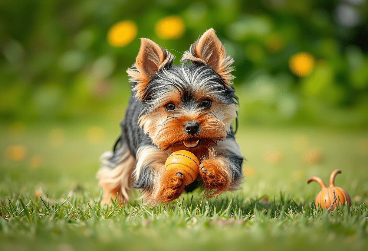 Biewer Yorkshire Terrier beim Spiel mit einem Ball