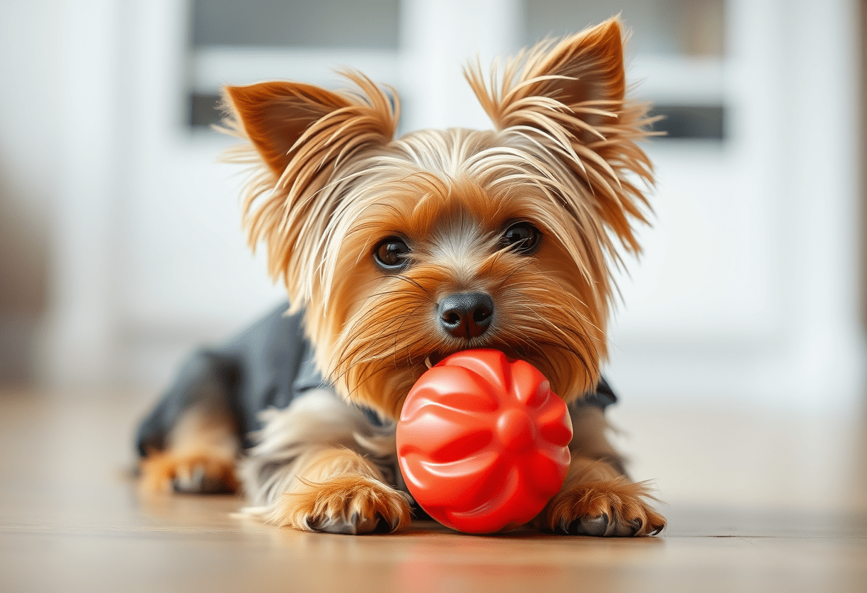 Ein Ball als Spielzeug für Yorkshire Terrier