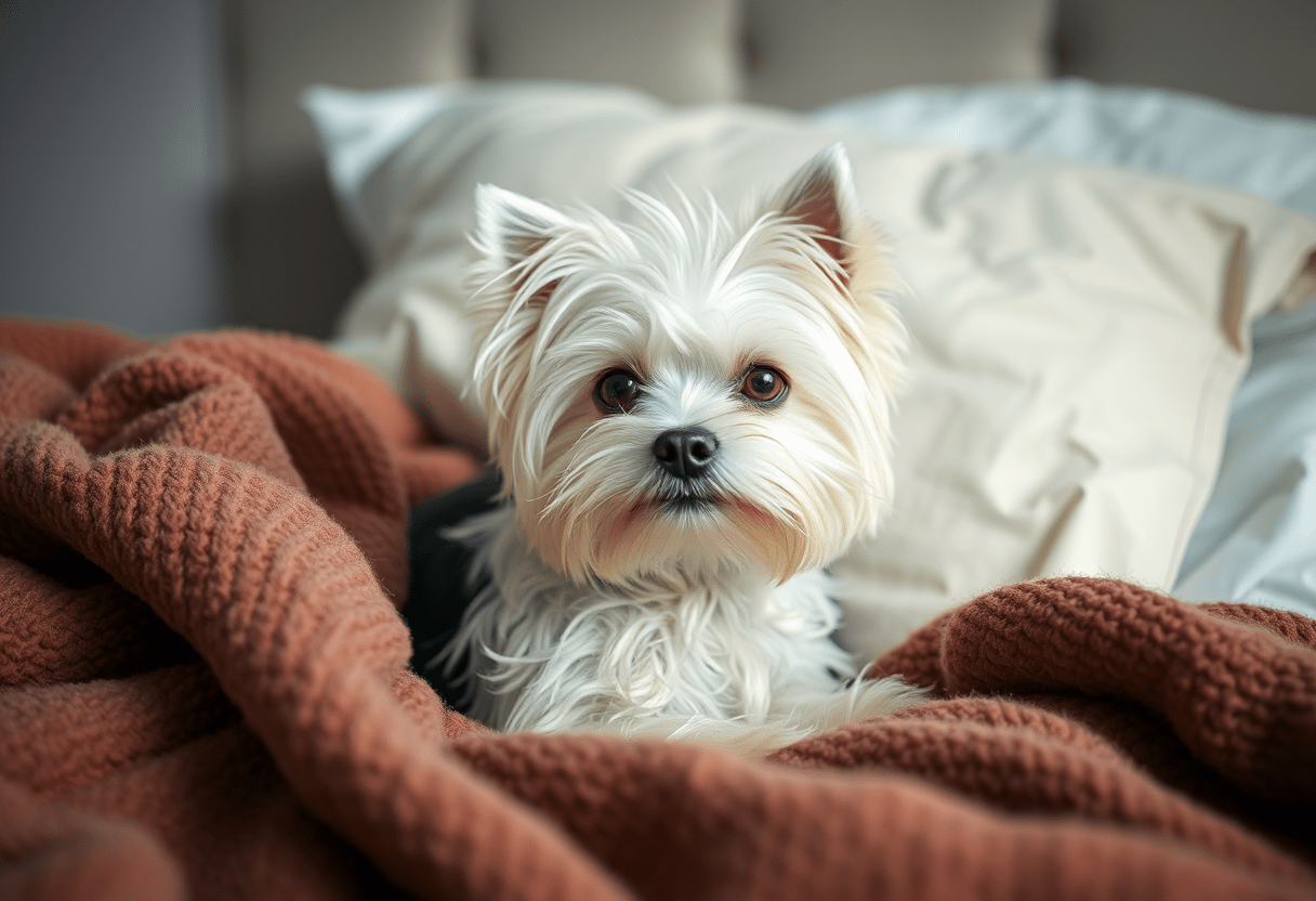 weißer Yorkshire Terrier kuschelt im Bett