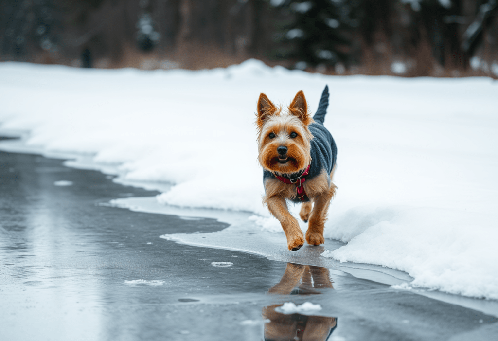 Pfotenpflege für Yorkshire Terrier nach dem Winterspaziergang und Toben in Schnee und Eis